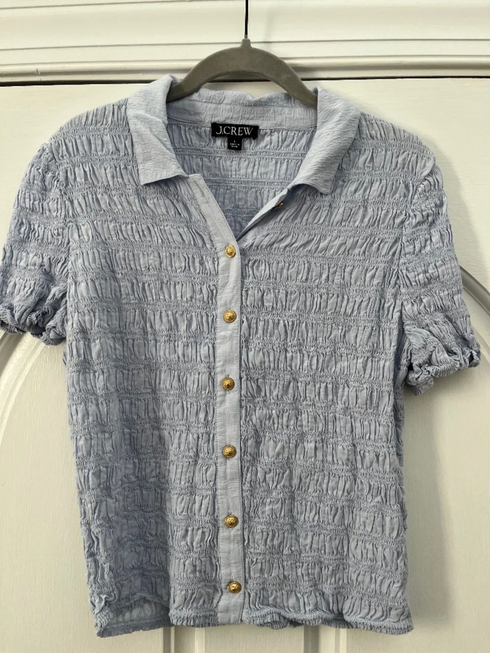 J Crew Short Sleeve Powder Blue Top w/Brass Buttons (L)